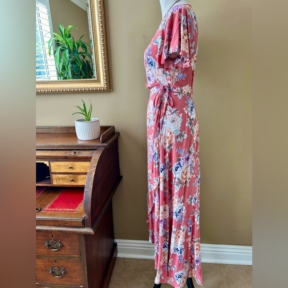 Auguste The Label Pascal Muse Floral Wrap Maxi Dress Pink Peach Short Sleeve 8 - Picture 6 of 16